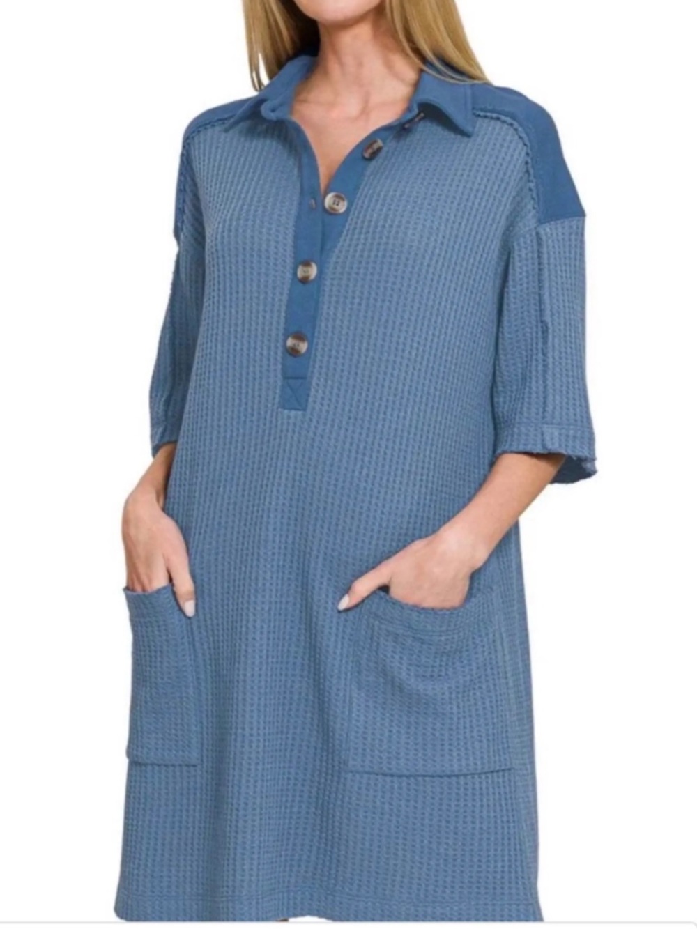 Zenana Outfitters Blue Waffle Knit Midi Dress New ! Sz Large